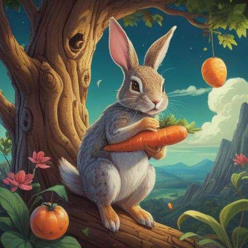 A whimsical illustration of edible animals symbolizing spiritual meaning, a playful rabbit holding a carrot, a wise owl perched on a tree, colorful fruits scattered around, serene forest environment, soft sunlight filtering through leaves, harmonious blend of nature and nourishment, vibrant colors, 4k