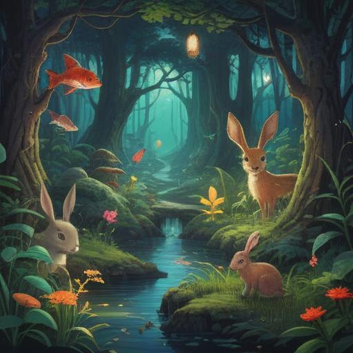 A mystical forest scene, featuring a variety of edible animals such as rabbits, deer, and fish, surrounded by glowing plants and magical light, symbolizing spiritual guidance and positive signs, serene atmosphere, harmonious colors, whimsical details, nature's tranquility, 4k