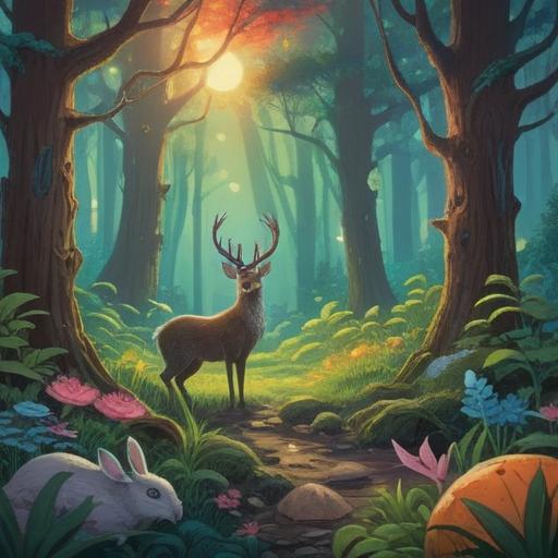 A serene, mystical forest scene, various edible animals like rabbits and deer, spiritual symbols subtly integrated, soft beams of light filtering through the trees, a gentle stream in the foreground, a tranquil atmosphere, vibrant colors, enchanting details, 4k