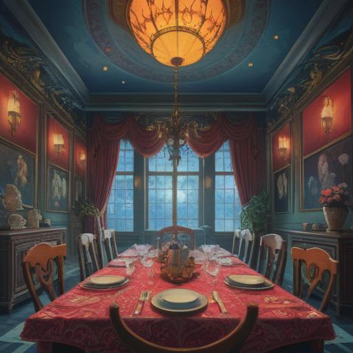 A serene illustration depicting an empty dining table surrounded by ethereal light, symbolic of spiritual nourishment, vibrant colors representing emotions, elements of nature like floating leaves and gentle breeze, a sense of longing and peace, intricate details in the background suggesting a tranquil environment, 4k