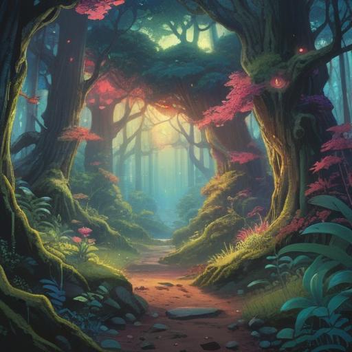 A serene landscape depicting a mystical forest, ethereal light filtering through the trees, symbolic representations of nourishment and life, a sense of spiritual awakening and protection, glowing aura around untouched foods, peaceful animals observing, reflective water surface mirroring the sky, vibrant colors and harmonious atmosphere