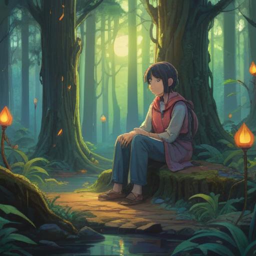 A serene forest scene, ethereal light filtering through trees, a figure sitting peacefully, surrounded by mystical symbols, deep reflection and introspection, emphasis on nature's tranquility, spiritual awakening, soft colors, 4k
