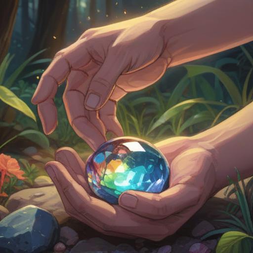 A serene illustration depicting a hand gently holding a colorful lucky stone, vibrant colors, soft glowing aura around the stone, tranquil nature background with lush greenery and a gentle stream, a calm and reflective atmosphere, expressive light and shadow, symbolic representation of inner voice and intuition, 4k