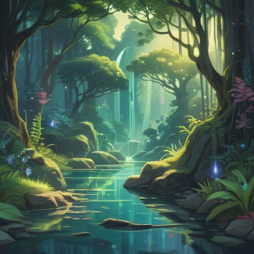 A serene illustration of radiant crystals, glowing softly in various colors, surrounded by lush greenery and gentle flowing water, a tranquil environment promoting peace and healing, ethereal light emanating from the crystals, harmonizing energy, spiritually uplifting atmosphere, vibrant hues reflecting on the water, 4k