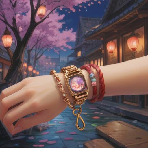 A heartwarming scene depicting a lucky charm representing the desire to connect, softly glowing charm bracelet, surrounded by fluttering cherry blossom petals, gentle sunlight filtering through the trees, feeling of warmth and hope, intricate details of the charm designs, serene and inviting atmosphere, vibrant colors, 4k