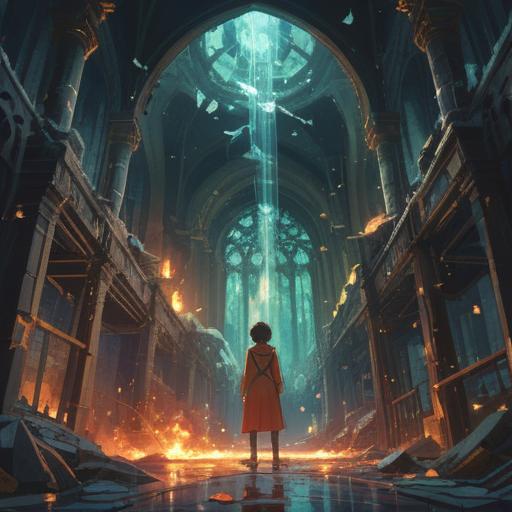 A captivating illustration depicting a moment when an object breaks, emphasizing spiritual signs to heed, ethereal light illuminating the scene, shattered pieces glimmering with energy, symbols of warning subtly integrated into the background, a serene atmosphere, a figure observing with a thoughtful expression, vibrant spiritual aura, 4k