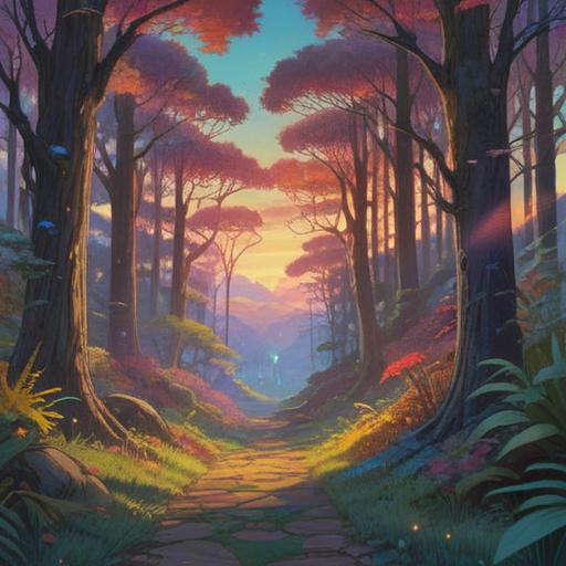 A serene landscape featuring a mystical forest, vibrant colors symbolizing various events, ethereal light shining through the trees, a path leading to a radiant portal, symbolic elements like feathers and crystals, a sense of tranquility and spiritual awakening, 4k