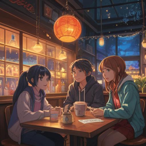 A vibrant illustration depicting a group of friends in a cozy cafe, one individual radiating positive energy, subtle sparkles around them, warm smiles and laughter, inviting atmosphere, playful interactions, emphasis on body language and expressions, detailed interior design, 4k