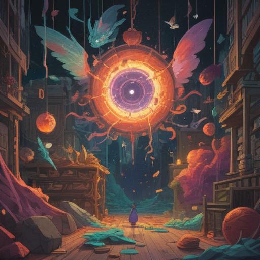 A surreal illustration depicting various objects shattering into pieces, symbolic representation of spiritual transformation, vibrant colors representing emotions, ethereal light radiating from the fragments, abstract elements intertwined with the debris, dreamlike atmosphere, profound depth and meaning, thought-provoking imagery, 4k