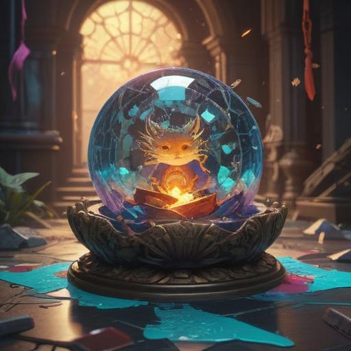 A broken object symbolizing resilience, a shining lucky charm beside it, contrasting textures of shattered pieces and a radiant light, a serene background with gentle light, emotions of hope and determination, 4k