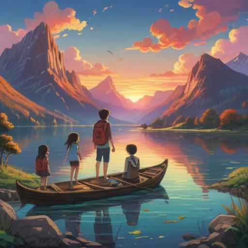 A visually captivating illustration of a beautiful landscape, serene lake, towering mountains, vibrant sunset, a family gathering by the water, children playing with a dog, harmonious nature, peaceful atmosphere, detailed elements, 4k