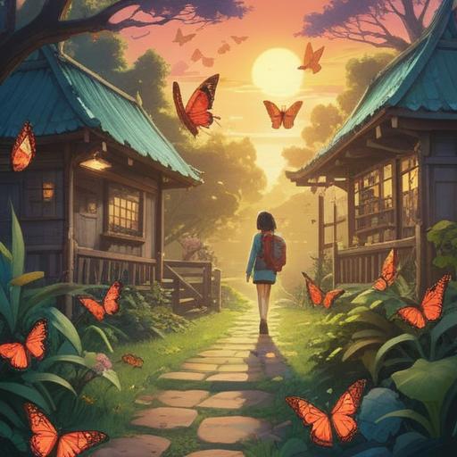 A serene and transformative illustration, spiritual symbolism, workplace transition, butterflies representing change, light illuminating a path, peaceful landscape, a figure standing at a crossroads, aura of energy, harmonious blending of colors, 4k