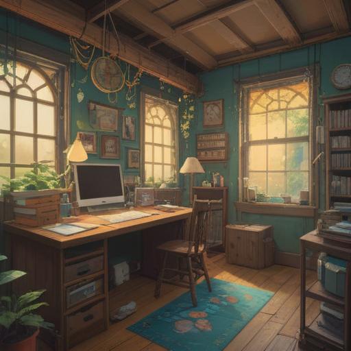 A comforting scene of a workplace transition, a vibrant lucky charm hanging from a desk, symbolizing new beginnings, soft natural light streaming through a window, cheerful office environment, friendly colleagues in the background, positive emotions, encouraging atmosphere, 4k