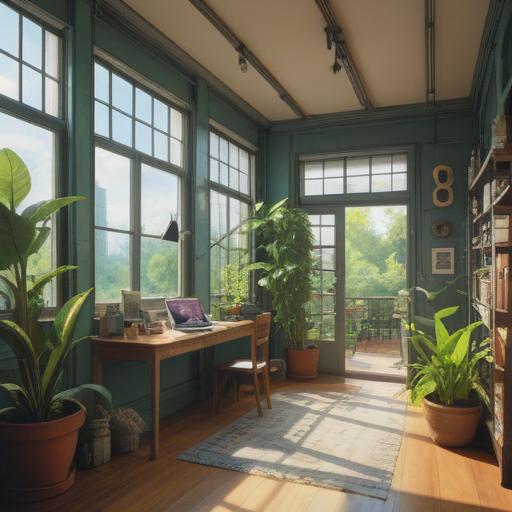 A serene workplace transformation, harmonious atmosphere, light filtering through large windows, individuals experiencing personal growth, plants symbolizing new beginnings, uplifting energy, a sense of community and connection, soft pastel colors, inspirational quotes on the walls, 4k