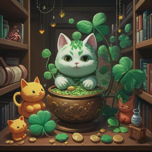 A symbolic illustration capturing lucky items before and after a workplace call, featuring a four-leaf clover, a lucky cat figurine, a horseshoe, and a vibrant red envelope, arranged on a modern office desk, bright sunlight streaming through a window, conveying a sense of positive energy and anticipation, detailed office environment, 4k