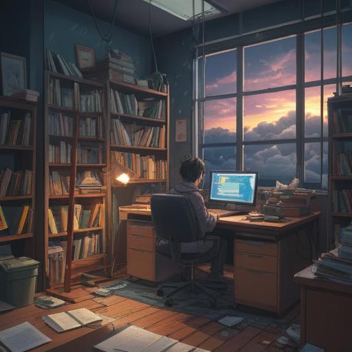 A serene and contemplative illustration depicting an individual surrounded by dark clouds in an office setting, symbols of frustration and stagnation floating around, a faint light illuminating the person's face, representing hope and self-discovery, soft color palette, ethereal atmosphere, spiritual journey, 4k