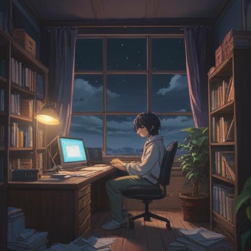 A serene and uplifting scene depicting a person sitting at a desk in a dim office, surrounded by dark clouds, light breaking through the clouds in the form of glowing symbols, ethereal light illuminating the workspace, a gentle breeze shifting papers, a feeling of hope and inspiration, soft and calming colors, spiritual aura, encouraging signs, 4k
