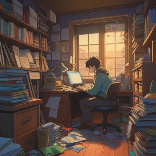 An illustration depicting a person sitting at a cluttered desk in a dimly lit office, surrounded by piles of paperwork and empty coffee cups, discovering a small charm or lucky item on their desk, warm light illuminating the charm, a look of hope and determination on their face, contrasting dark atmosphere, hint of magical realism, 4k