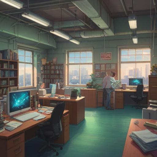 A poignant illustration of a workplace farewell, characters sharing bittersweet emotions, ethereal glow symbolizing spiritual connections, empty office background, soft light filtering through windows, sense of nostalgia and hope, 4k