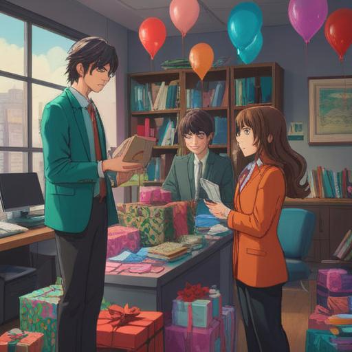 A heartfelt office farewell scene, depicting a diverse group of colleagues exchanging gifts, bright colors symbolizing positivity, lucky items like four-leaf clovers and horseshoes around, cheerful expressions, a warm and supportive atmosphere, detailed office background with decorations, 4k