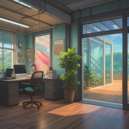 A serene office environment, employees leaving with a sense of peace, symbolic light illuminating the doorway, nature-inspired elements blending with corporate decor, tranquil expressions on departing faces, a feeling of renewal and transformation in the air, spiritual growth represented through vibrant energy, 4k