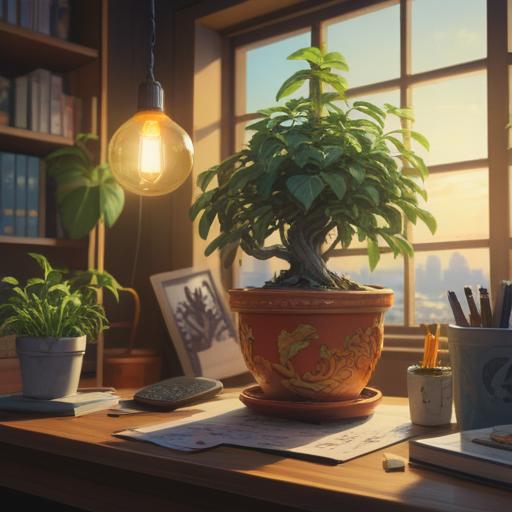 A serene office environment, a charming lucky item on the desk, a small potted plant symbolizing growth, soft sunlight streaming through the window, employees engaged in collaborative work, subtle changes in the atmosphere, hope and positivity in the air, modern furniture, warm color palette, 4k