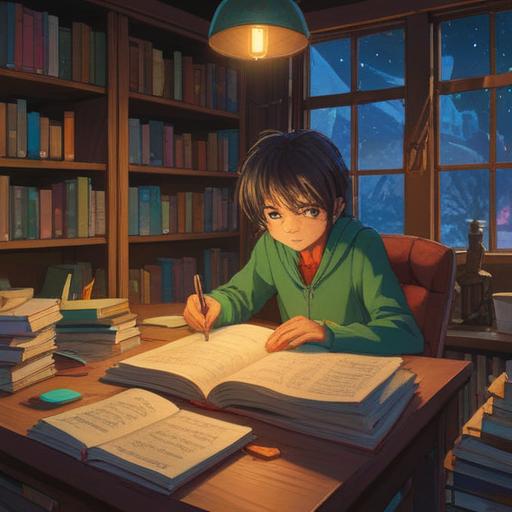 A serene scene depicting a person sitting at a desk filled with books and papers, a warm light illuminating the space, notes and summaries scattered around, a laptop open with a notepad app visible, a cup of coffee steaming nearby, a window showing a peaceful garden outside, comforting atmosphere, organized chaos, 4k