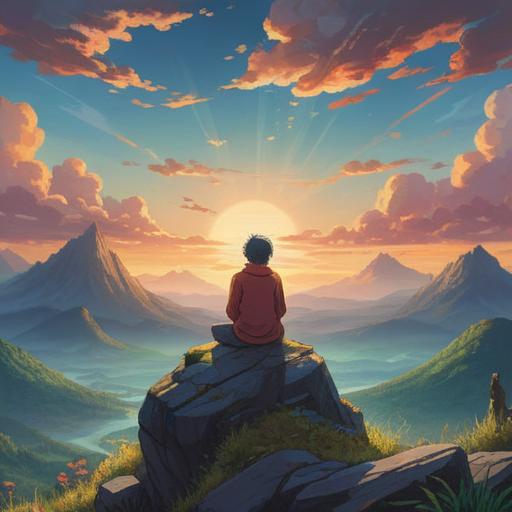 A serene and introspective landscape, a solitary figure meditating on a mountaintop, gentle light breaking through clouds, a sense of peace and clarity, symbols of spiritual growth surrounding the figure, vibrant and soothing colors, tranquil atmosphere, nature's beauty, 4k