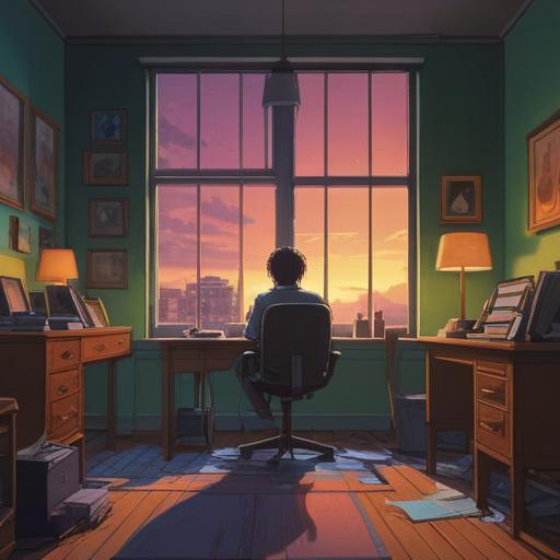 A reflective scene depicting a lonely office environment, dimly lit with a single desk lamp, a solitary figure gazing out of a window, notes and papers scattered across the desk, subtle shadows evoking a sense of isolation, ethereal light filtering through, hints of spiritual symbols in the background, a clock on the wall suggesting time passing slowly, atmospheric mood, emphasizing the feeling of solitude and spiritual awareness, 4k