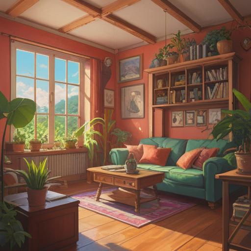 A serene home environment, cozy living room filled with plants, a person engaging in a hobby like painting or reading, warm sunlight streaming through the window, comforting decor elements, nurturing personal space, promoting well-being and connection, soft color palette, inviting atmosphere, 4k