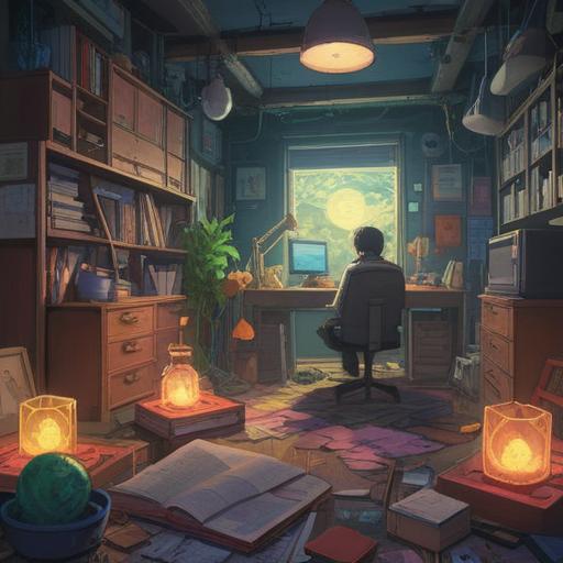 A surreal illustration depicting a workplace scene, a person with a negative aura surrounded by vibrant spiritual symbols, contrasting emotions, ethereal light illuminating the environment, subtle hints of transformation, representation of personal growth, a blend of tension and positivity, 4k