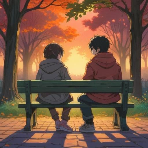 A symbolic illustration of overcoming conflict, two friends with differing perspectives, sitting together on a park bench, sharing a moment of understanding, warm sunset lighting, expressions of empathy and connection, vibrant nature background, 4k