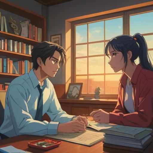A serene office environment, two colleagues engaging in a peaceful conversation, warm light illuminating their faces, spiritual symbols subtly integrated into the background, a sense of harmony and understanding, gentle body language, encouraging expressions, tranquil atmosphere, 4k