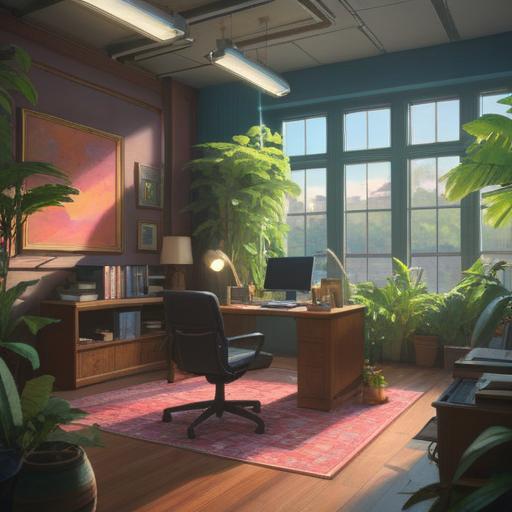 A serene office space symbolizing spiritual well-being, natural light streaming through large windows, plants enhancing the atmosphere, a harmonious blend of modern design and calming elements, people engaged in mindful collaboration, soft colors and inviting textures, peaceful energy radiating throughout the environment, 4k