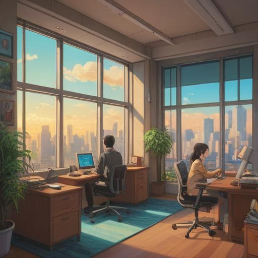 A serene office setting, subtle spiritual symbols in the background, employees interacting mindfully, soft natural light filtering through windows, a calming color palette, peaceful atmosphere, subtle hints of mindfulness practices, open spaces encouraging connection, inspiration and awareness, 4k