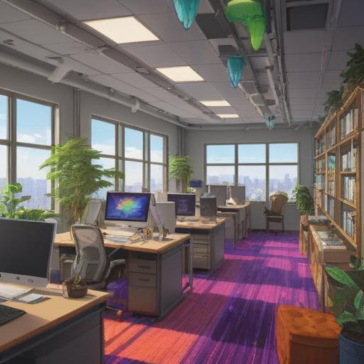 A vibrant and uplifting office environment featuring positive energy crystals, bright colors, harmonious workspace layout, employees collaborating with enthusiasm, sunlight streaming through large windows, plants adding freshness, a sense of community and balance, peaceful atmosphere, productivity and creativity flowing, 4k