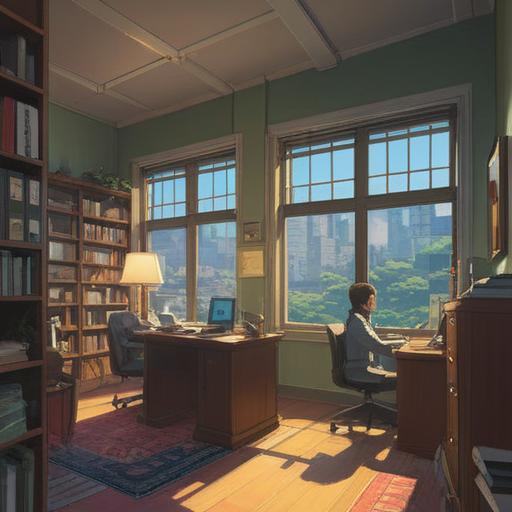 A serene office setting, subtle tension in the air, shadowy figures representing unease, soft light filtering through the window, a person looking contemplative, items on the desk symbolizing distractions, mindful expressions, spiritual symbols subtly integrated, a sense of introspection, atmosphere of deep thought, 4k