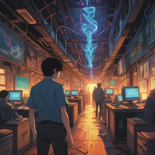 A surreal depiction of workplace harassment, abstract representation of energy and emotions, shadowy figures symbolizing negativity, bright auras representing freedom and healing, a contrast between oppressive office environment and serene spiritual elements, evocative color palette, deep reflections on power dynamics, 4k