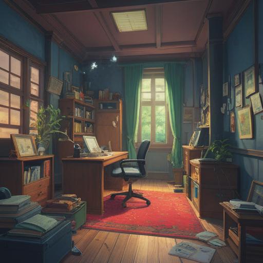 A workplace setting depicting a person feeling overwhelmed, subtle signs of stress and anxiety, ethereal light shining from above, symbolic imagery of protection and guidance, abstract spiritual symbols in the background, serene expressions, balanced composition, 4k