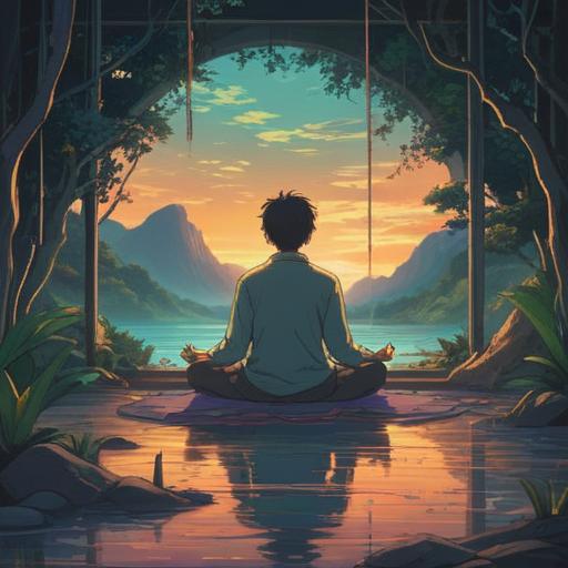 A serene and contemplative scene depicting workplace stress as a spiritual journey, a person meditating in a tranquil environment, surrounded by flowing energy waves representing stress release, soft luminescent light filtering through, ethereal symbols of balance and harmony, calming colors blending in a harmonious way, nature elements like gentle streams and lush greenery, representing peace and self-discovery, 4k