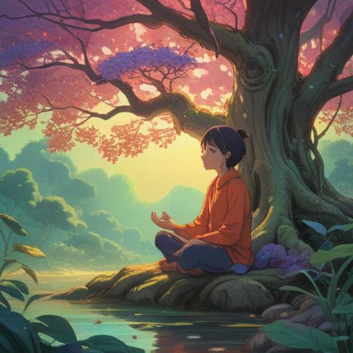 A serene and calming scene depicting the transformation of stress into positive spiritual growth, a person meditating under a tree, surrounded by ethereal light and vibrant nature, symbols of peace and enlightenment, soft flowing water in the background, harmonious colors, tranquil atmosphere, visual representation of inner balance and understanding, 4k