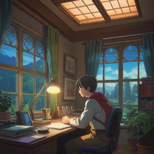 A serene office environment, a person looking contemplative at their desk, subtle light beams filtering through a window, symbols of stress relief around them, gentle aura of energy, soft colors and calming elements, presence of crystals or plants, visualization of intuitive signs, 4k