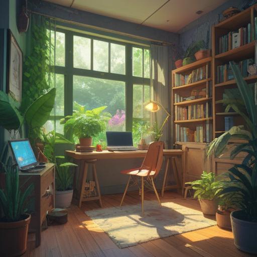 A serene workspace, surrounded by calming plants, a glowing crystal, gentle sunlight filtering through the window, a tranquil atmosphere promoting relaxation, focused meditation area with soft cushions, an aromatic diffuser emitting soothing scents, vibrant colors representing positive energy, harmonizing elements for stress relief, 4k
