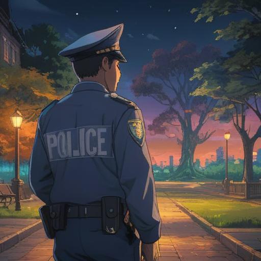 A spiritual moment of a police officer thoughtfully engaging with a person, soft light illuminating their expressions, a serene park setting with nature in the background, showcasing connection and understanding, vibrant colors symbolizing positive energy, emphasizing communication and guidance, an uplifting atmosphere, 4k