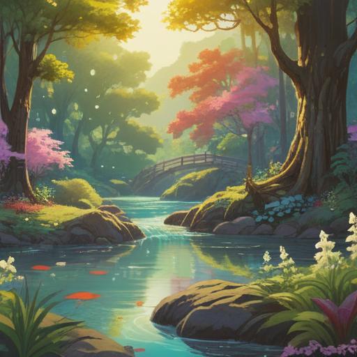 A serene landscape depicting a tranquil meditation space, soft sunlight filtering through trees, a peaceful river flowing gently, vibrant flowers blooming, a person sitting cross-legged in meditation, surrounded by nature, calming atmosphere, ethereal quality, vivid colors, 4k