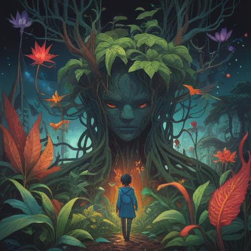 A surreal representation of a plant-human hybrid, vibrant foliage intertwined with human figures, symbols of spirituality emerging from the combination, ethereal light illuminating the scene, lush greenery surrounding the figures, deep connection to nature and the cosmos, dreamlike atmosphere, 4k