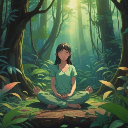 A serene and mystical scene depicting a plant-human hybrid meditating in a lush, vibrant forest, ethereal light filtering through the leaves, symbols of positive energy surrounding them, a gentle aura emanating from the figure, colorful flowers blooming at their feet, the harmony between nature and spirituality, calming atmosphere, intricate details, 4k