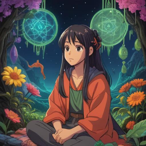 A thoughtful and introspective scene, depicting a person in a state of deep contemplation, surrounded by various spiritual symbols, a blooming plant symbolizing growth and healing, soft ethereal light illuminating the environment, hints of nature representing connection, a serene expression conveying awareness, intricate details in the background suggesting a blend of reality and spirituality, the essence of mindfulness and self-discovery, 4k