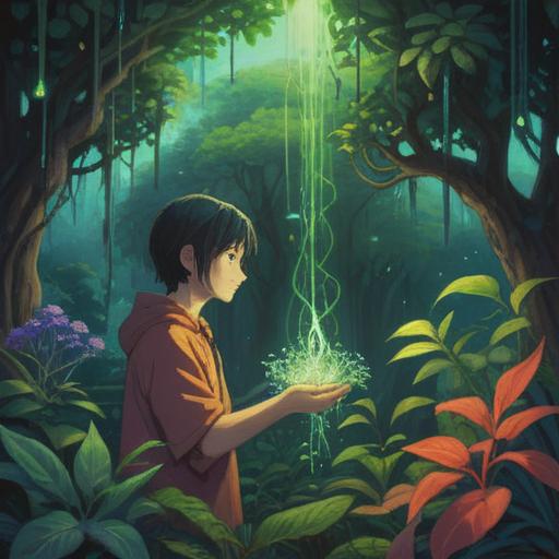 A mystical and serene illustration of a person receiving spiritual messages from a plant being, vibrant greenery surrounding them, ethereal light glowing from the plants, a sense of connection and tranquility, detailed textures of leaves and petals, harmonious atmosphere, soft and calming color palette, 4k