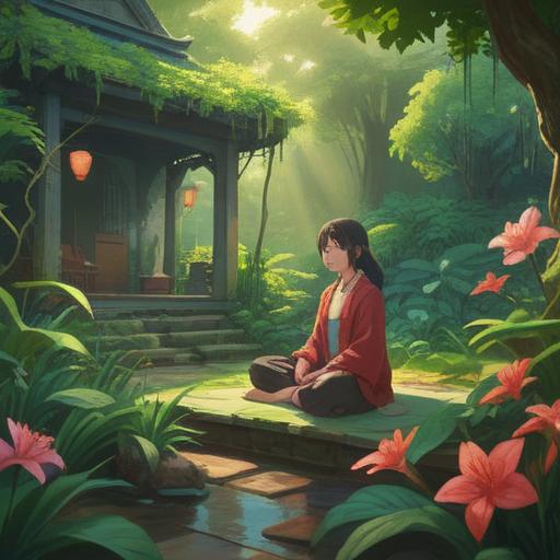 A serene garden filled with various lush plants, sunlight filtering through the leaves, a person meditating peacefully among the greenery, vibrant flowers symbolizing growth and positivity, gentle breeze rustling the foliage, ethereal glow surrounding the plants, harmony with nature, 4k